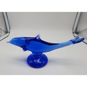 Blue Art Glass Dolphin‎ Porpoise Figurine Signed Beach House Cabin Collectible